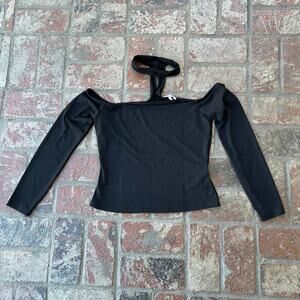 Vintage Charlotte Russe Black Top Long Sleeve Collar Open Shoulder Blouse Size M